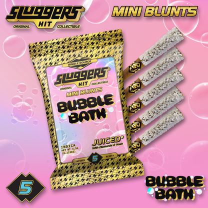 Sluggers Mini Blunts Bubble Bath indica 5-pack with checkered packaging and branded mini blunts
